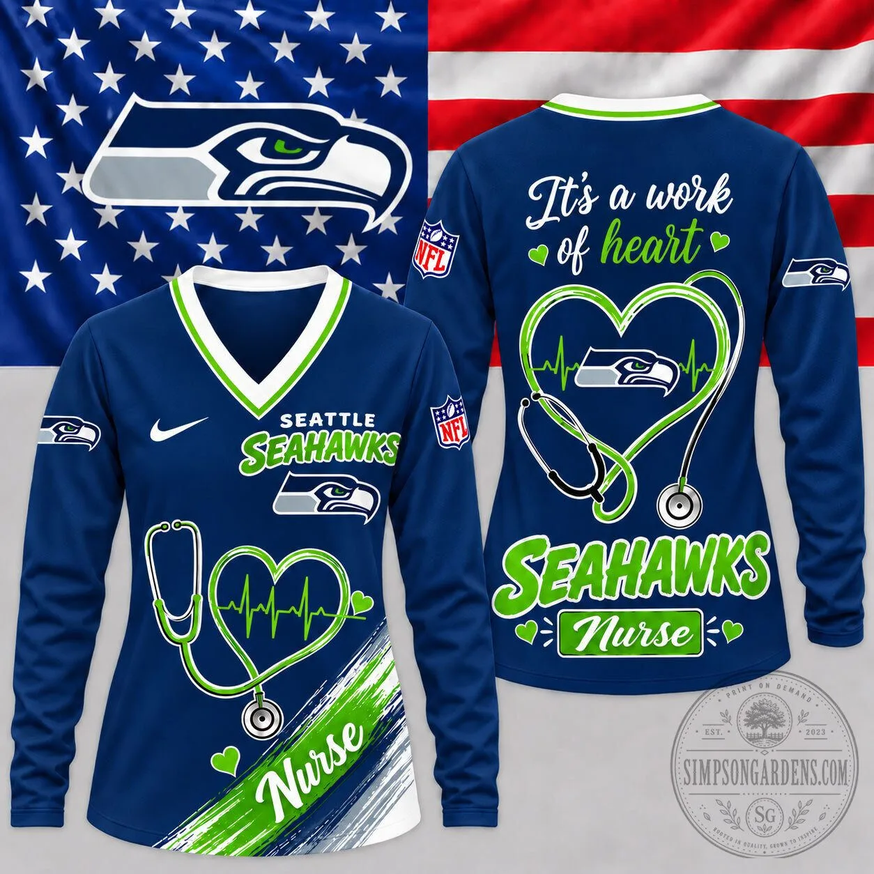 Seattle Seahawks National Football League Nurse Heartbeat Pride V-Neck Long Sleeve Shirt