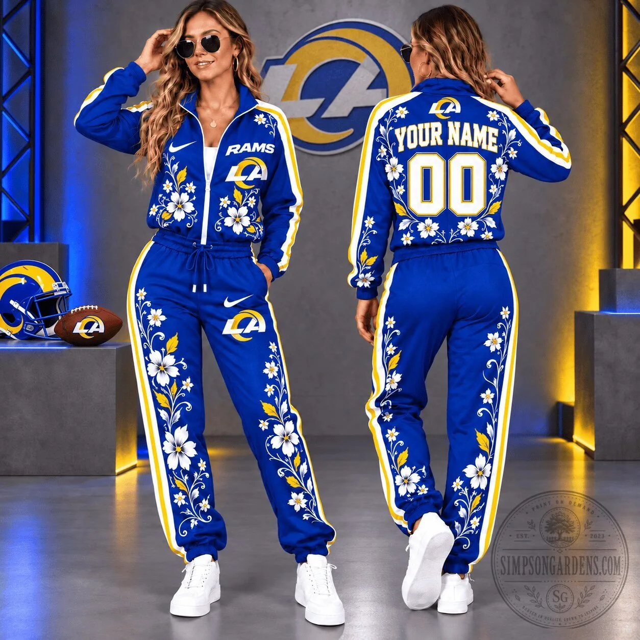 Los Angeles Rams Custom Name and Number Floral Design Blue Tracksuit