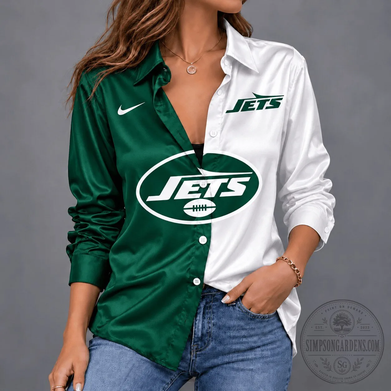New York Jets National Football League Team Spirit Satin Long-Sleeve Button-Up Shirt