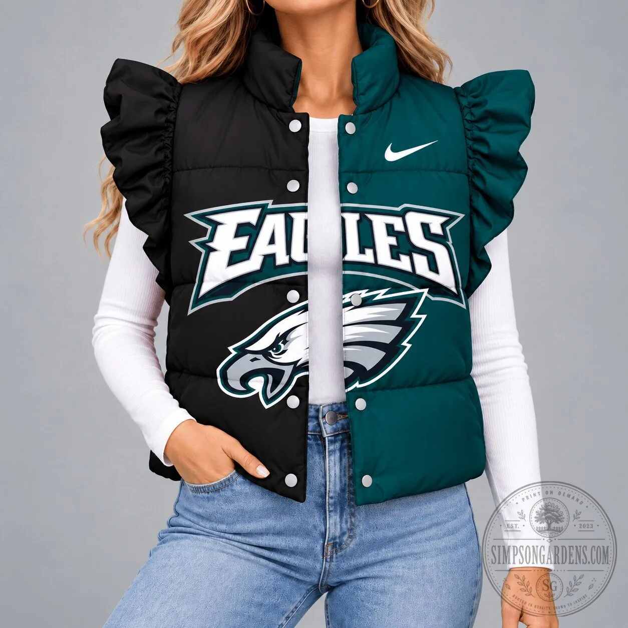 Philadelphia Eagles Split Color Ruffled Puffer Vest for Women 2 Philadelphia Eagles Split Color Ruffled Puffer Vest for Women