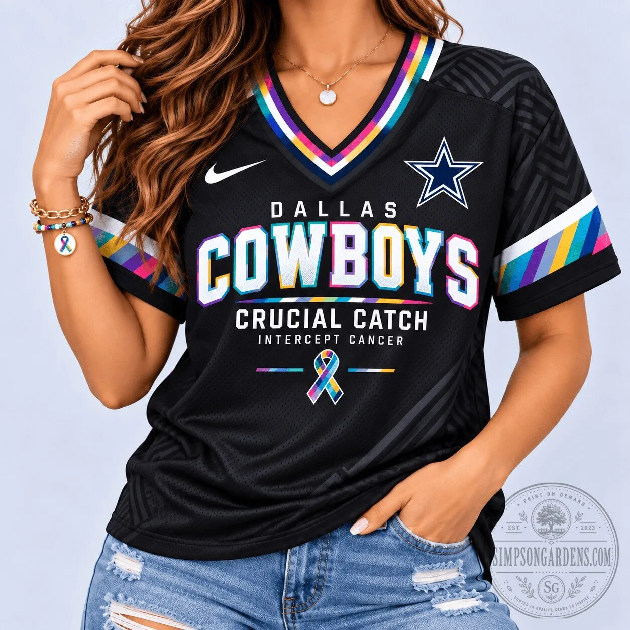 Dallas Cowboys Crucial Catch Intercept Cancer V-Neck Football Jersey 1 Dallas Cowboys Crucial Catch Intercept Cancer V-Neck Football Jersey