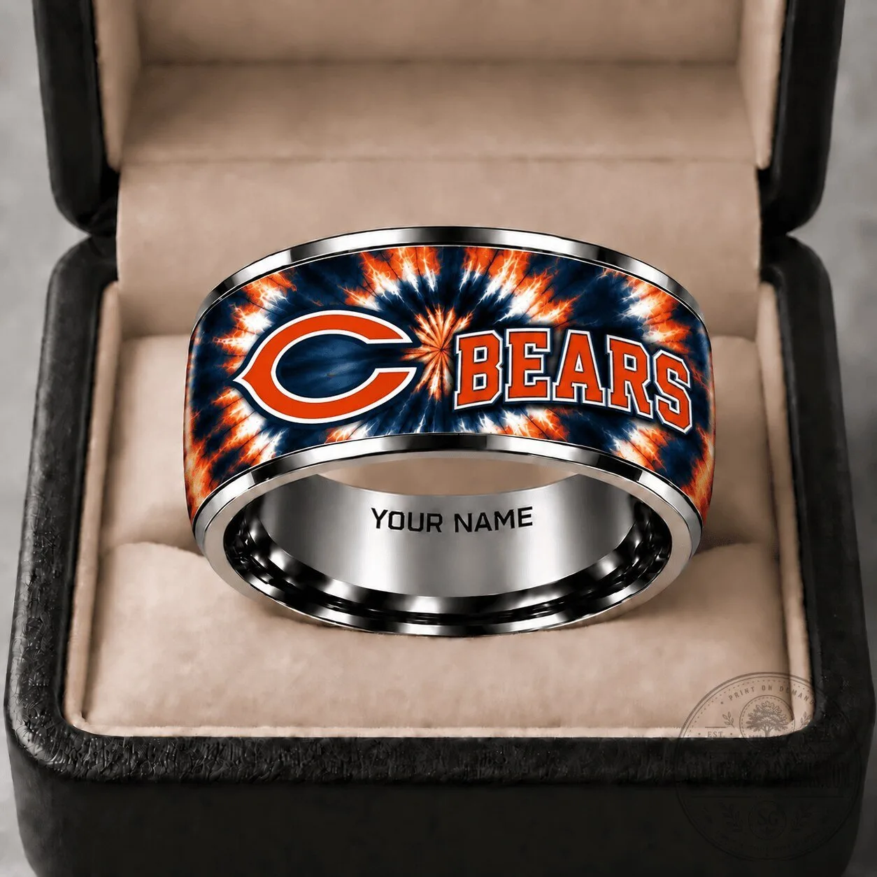 Chicago Bears Tie-Dye Pattern Stainless Steel Engraved Ring