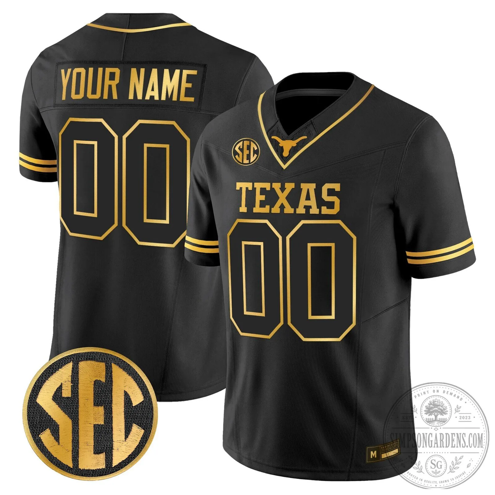 Texas Longhorns Football Team Black and Gold Custom SEC Patch Game Day Jersey