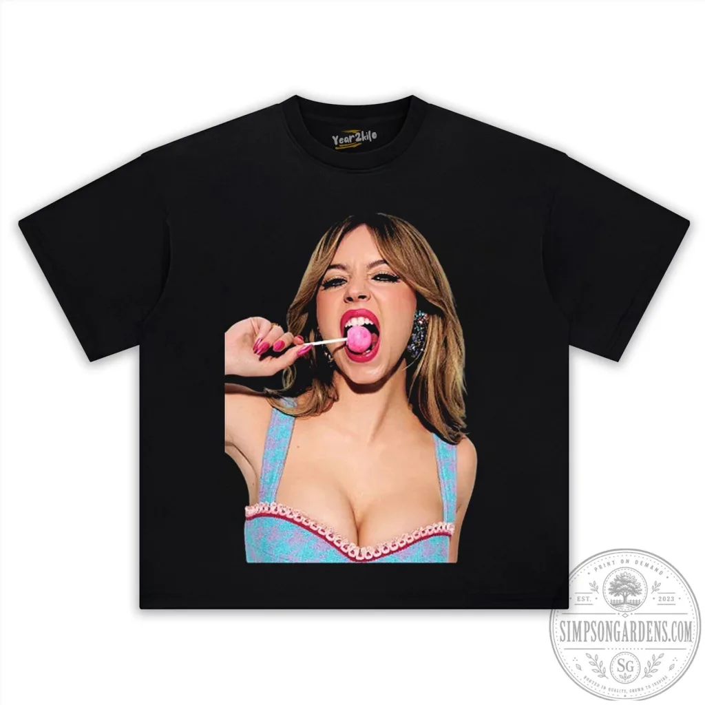 Sydney Sweeney Lollipop Black Graphic T-Shirt Sydney Sweeney Lollipop Black Graphic T-Shirt