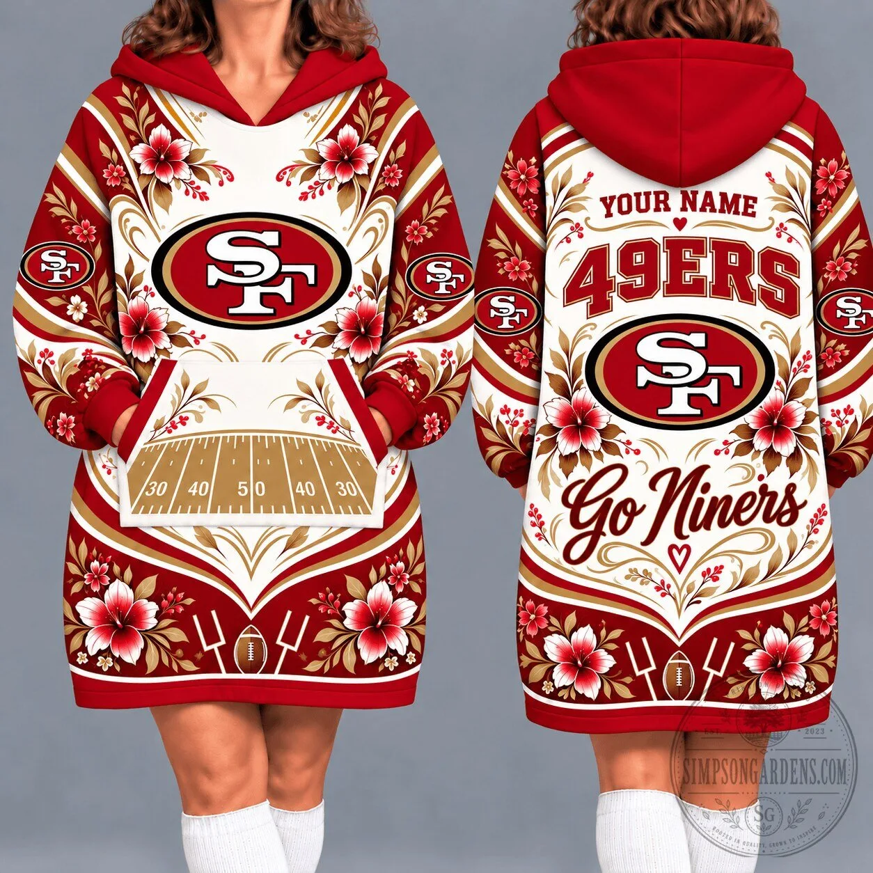 San Francisco 49ers Floral Pattern Personalized Hooded Blanket Sweatshirt 2 San Francisco 49ers Floral Pattern Personalized Hooded Blanket Sweatshirt
