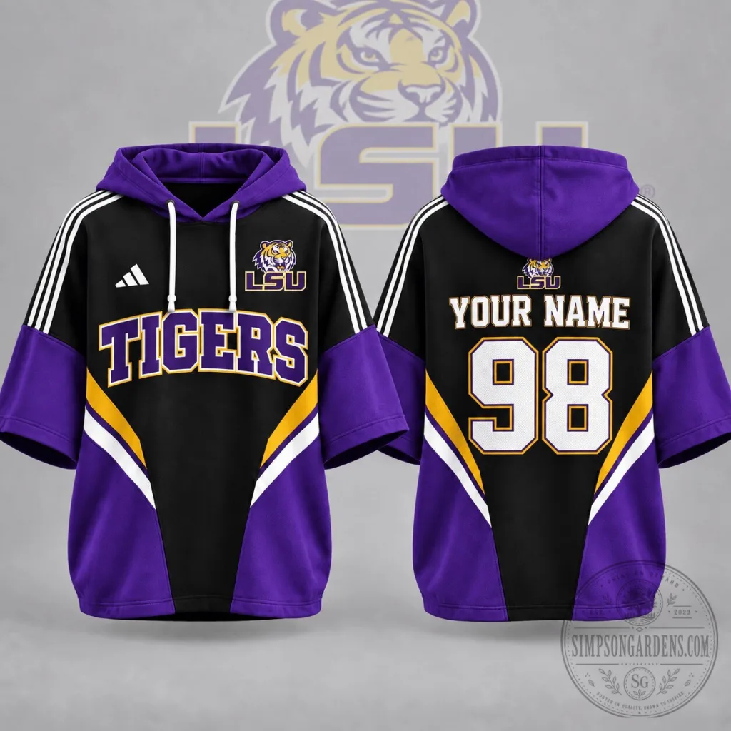 Louisiana State University Tigers Personalized Varsity Colorblock Short Sleeve Hoodie Louisiana State University Tigers Personalized Varsity Colorblock Short Sleeve Hoodie