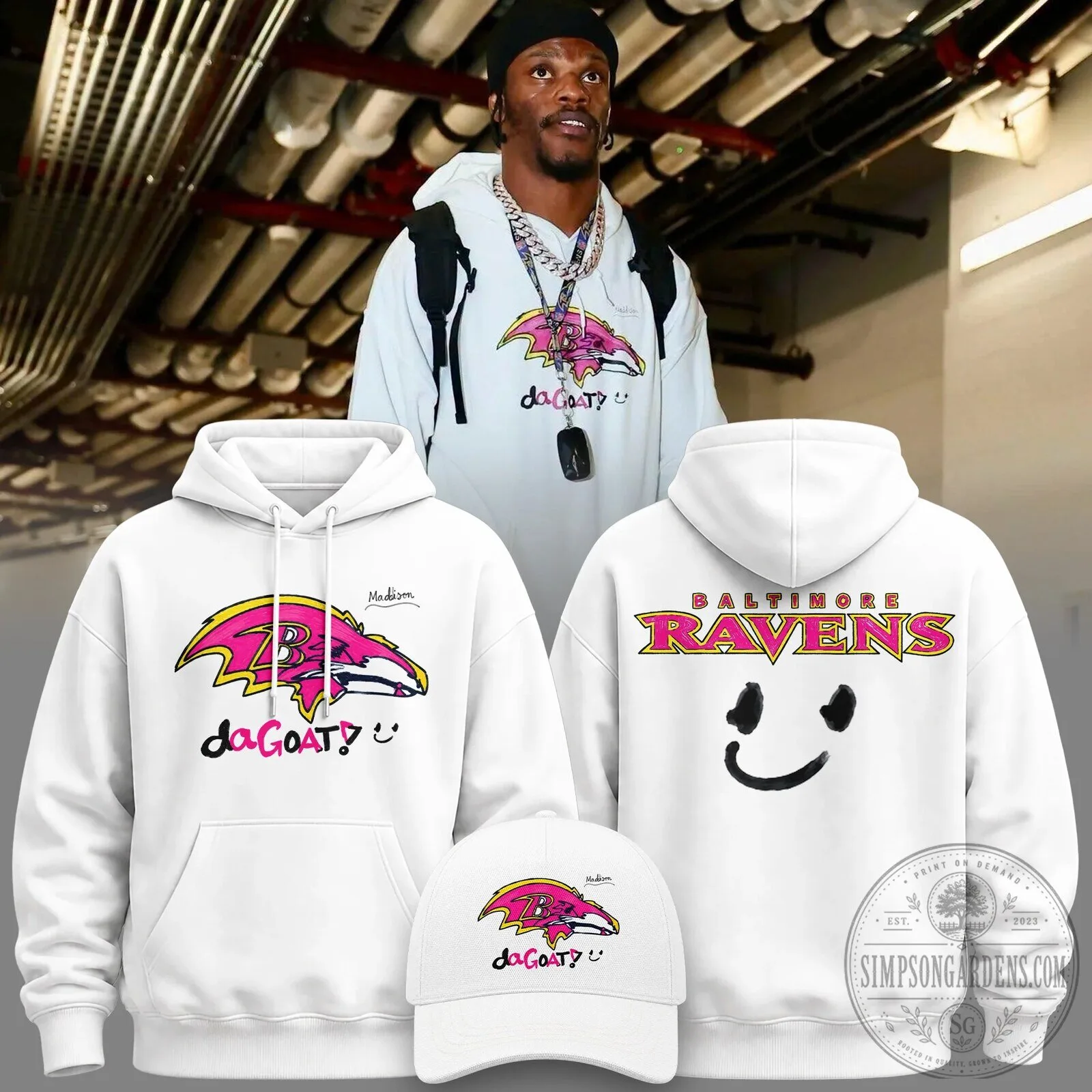 Baltimore Ravens Da Goat Pink and Yellow Logo White Hoodie 2 Baltimore Ravens Da Goat Pink and Yellow Logo White Hoodie