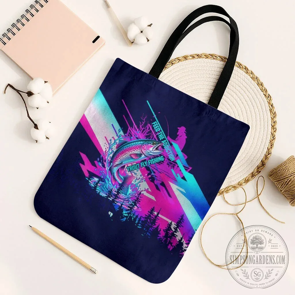 Trout Fly Fishing Born To Cast Vibrant Neon Cyberpunk Abstract Rainbow Trout Tote Bag