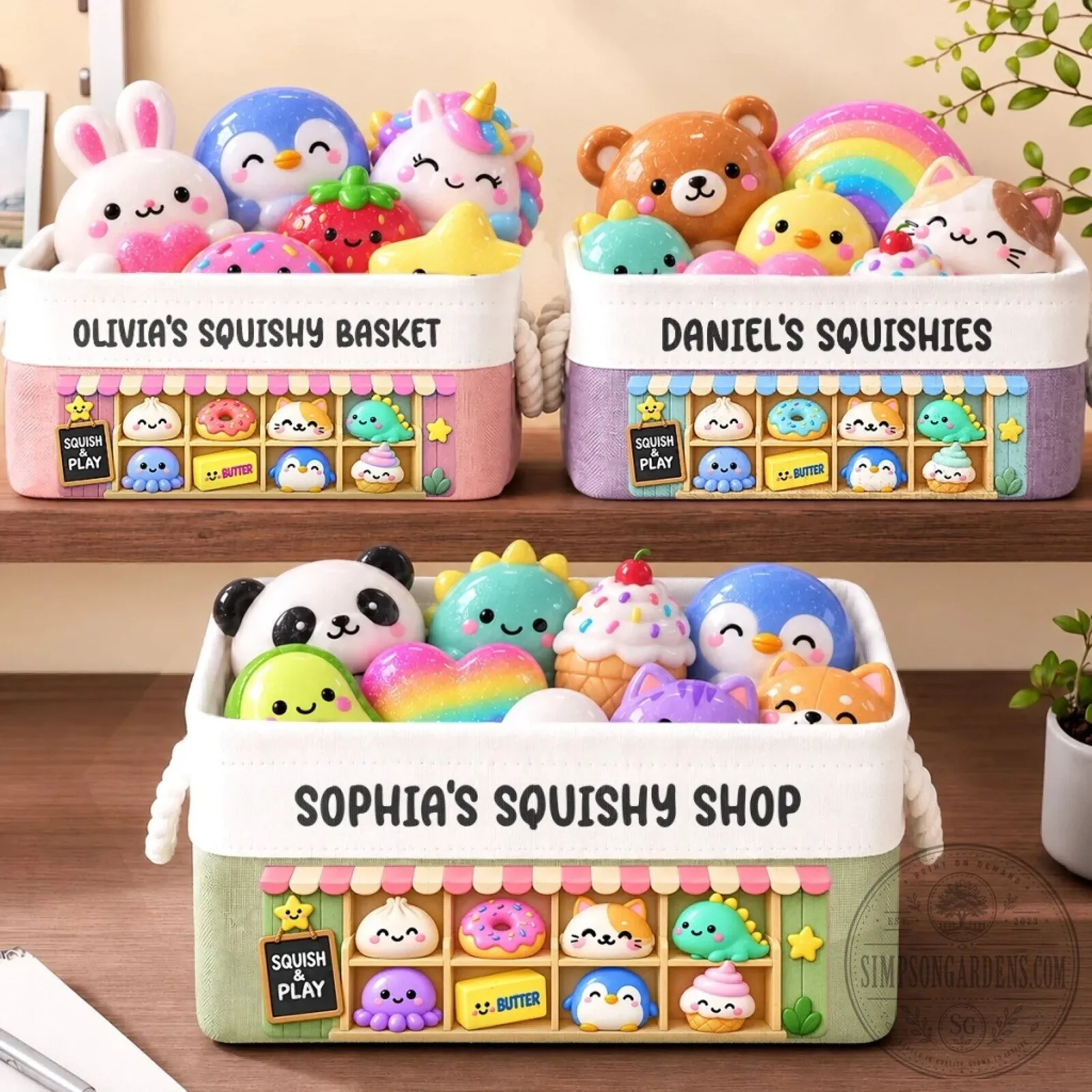 Personalized Squishy Toy Storage Basket for Kids, Custom Name Playroom Organizer