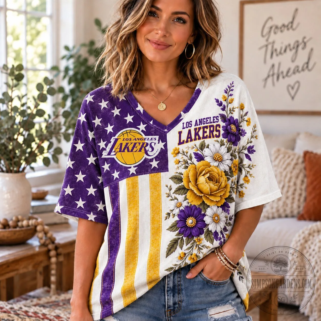 Los Angeles Lakers NBA Fan Shirt Floral American Flag V-Neck T-Shirt for Women 2 Los Angeles Lakers NBA Fan Shirt Floral American Flag V-Neck T-Shirt for Women
