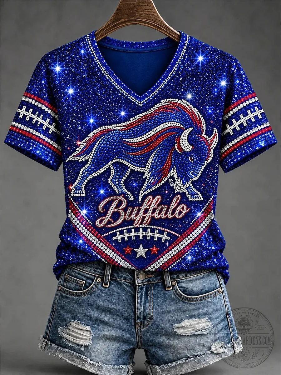 Buffalo Football Team Sparkle Sequin Design Women's V-Neck T-Shirt 3 Buffalo Football Team Sparkle Sequin Design Women's V-Neck T-Shirt