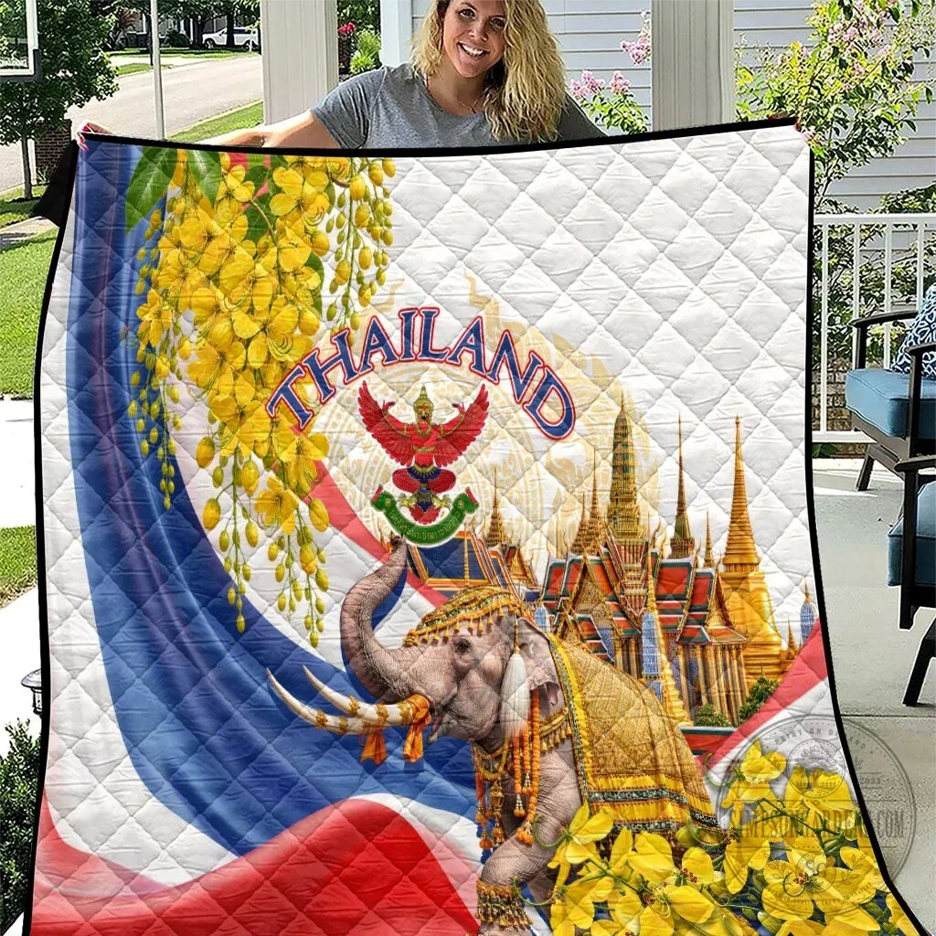 Thailand Golden Elephant and Temple Quilt with Ratchaphruek Flowers