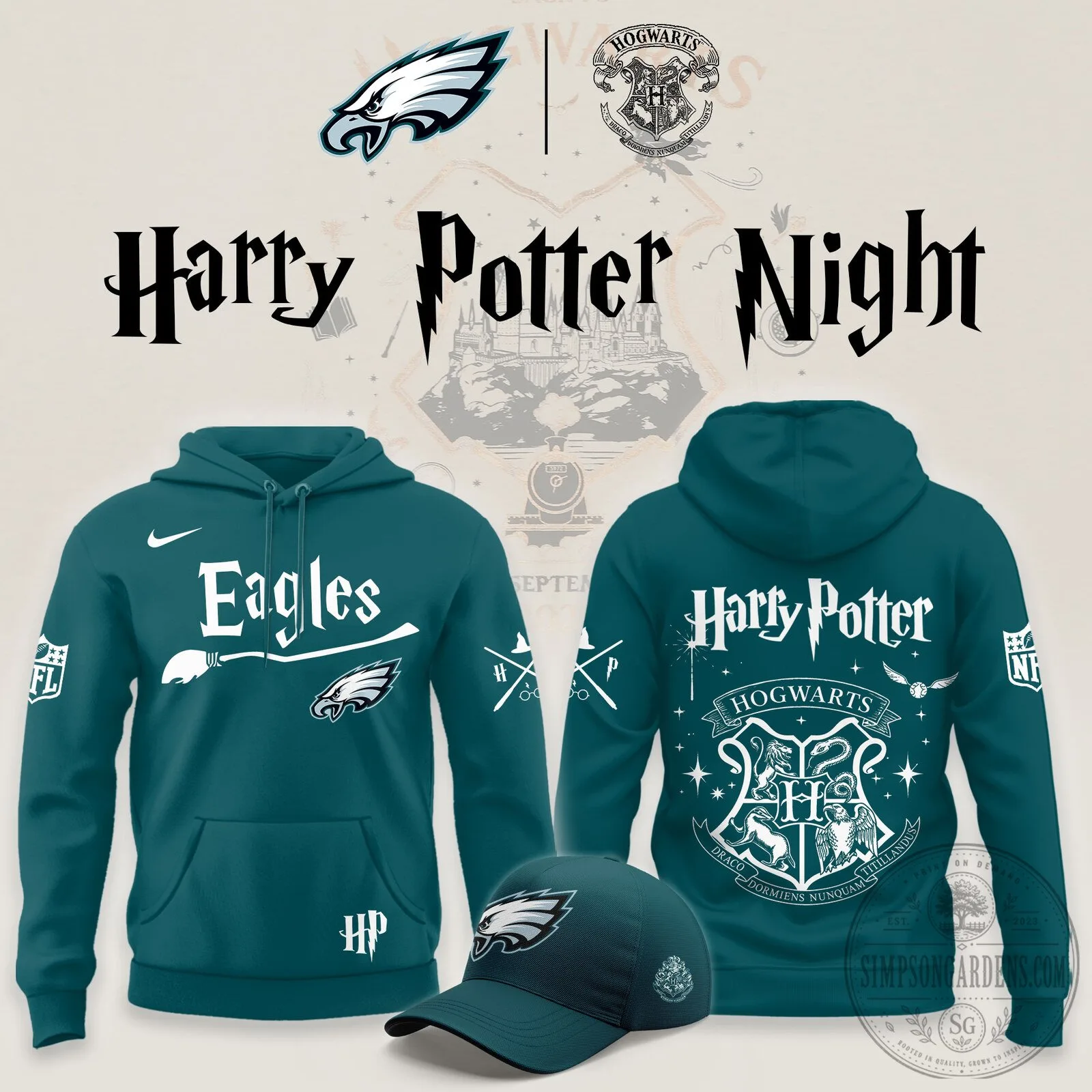 Philadelphia Eagles Harry Potter Night Teal Hoodie with Hogwarts Crest 1 Philadelphia Eagles Harry Potter Night Teal Hoodie with Hogwarts Crest