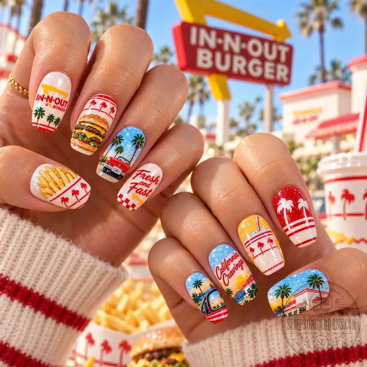 In-N-Out Burger California Style Palm Trees Press-On Nails Set 11 In-N-Out Burger California Style Palm Trees Press-On Nails Set