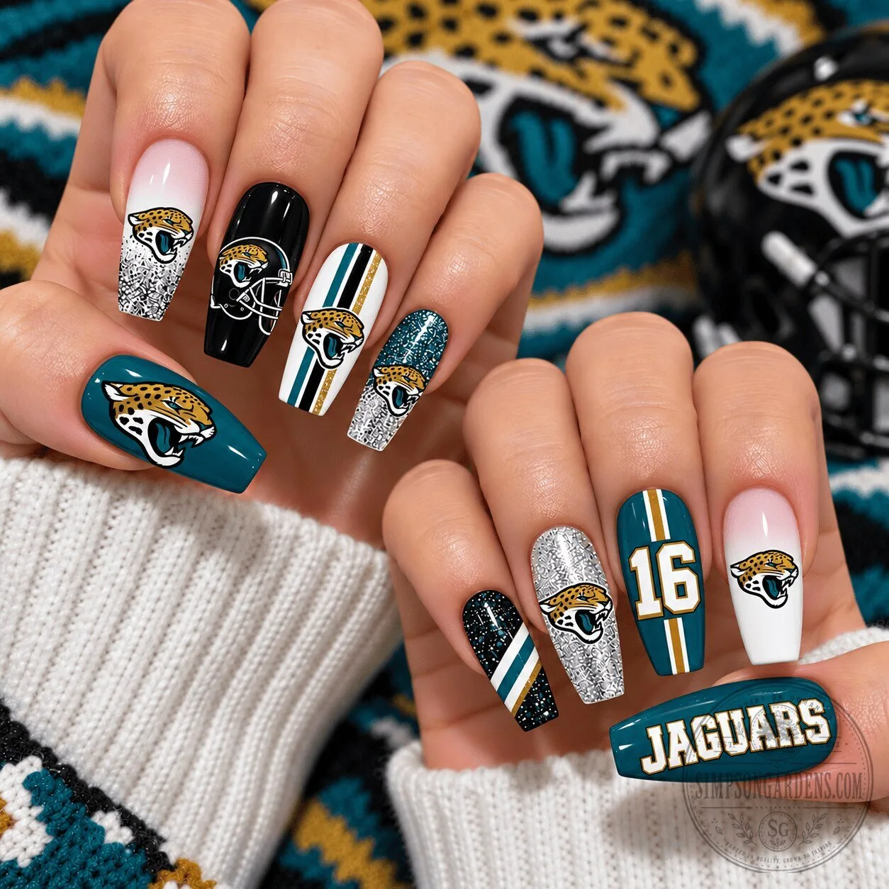Jacksonville Jaguars Football Team Glitter Design Press-On Nails Set 1 Jacksonville Jaguars Football Team Glitter Design Press-On Nails Set