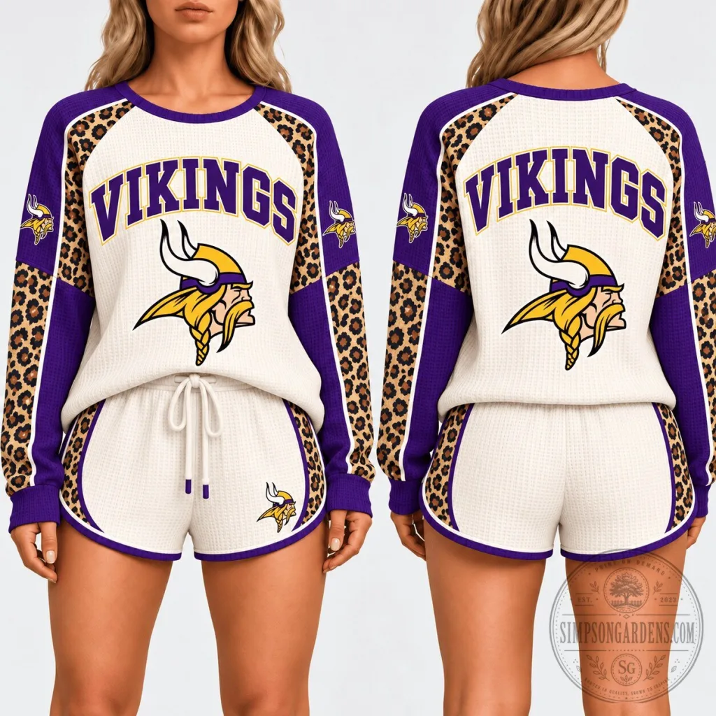 Minnesota Vikings Leopard Print Game Day Waffle Knit Lounge Set Minnesota Vikings Leopard Print Game Day Waffle Knit Lounge Set
