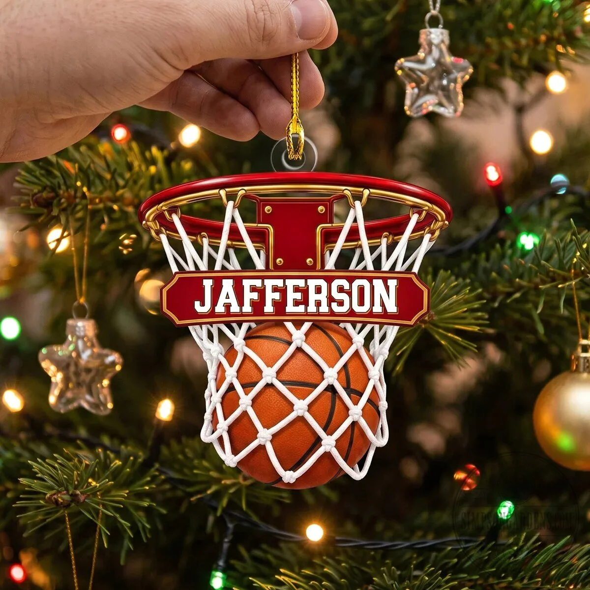Personalized Basketball Hoop Christmas Ornament with Custom Name and Ball-In-Net Design