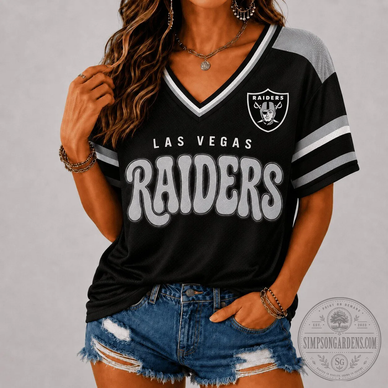 Las Vegas Raiders Vintage Groovy Football Team V-Neck Jersey for Women