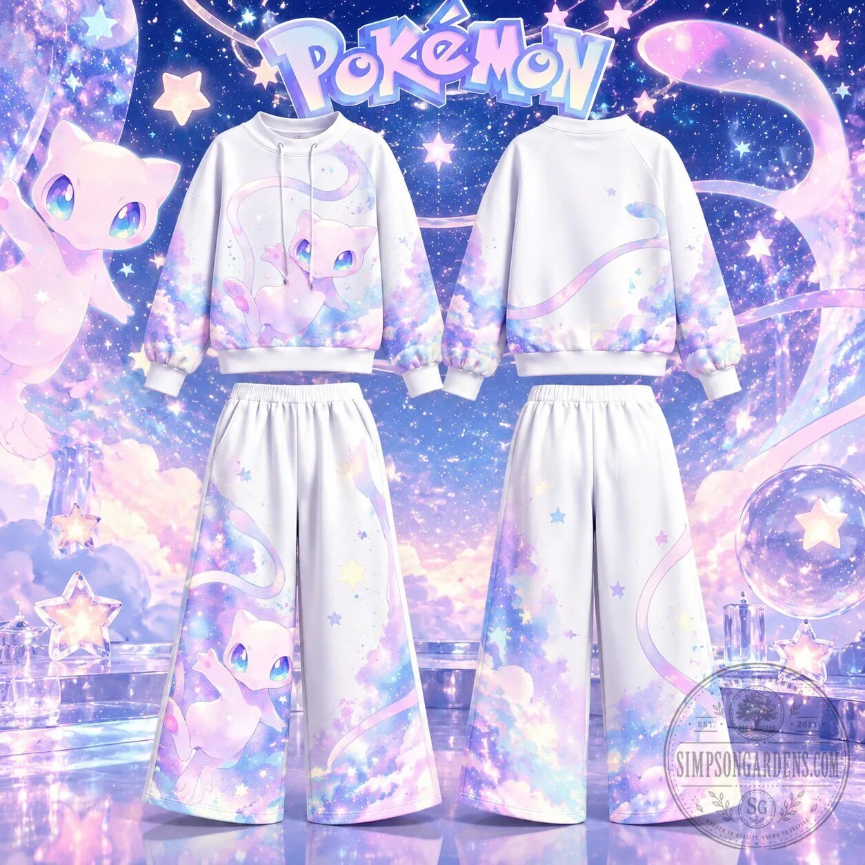 Pokemon Mew Pastel Clouds Graphic Print Pullover Hoodie and Wide Leg Pants Set 2 Pokemon Mew Pastel Clouds Graphic Print Pullover Hoodie and Wide Leg Pants Set