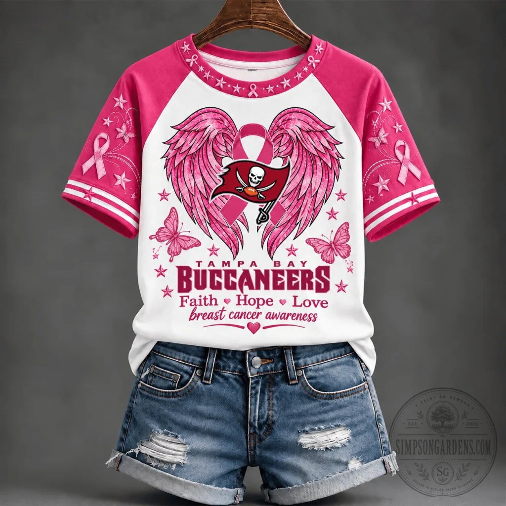 Breast Cancer Awareness T-Shirt featuring Tampa Bay Buccaneers Faith Hope Love Design Breast Cancer Awareness T-Shirt featuring Tampa Bay Buccaneers Faith Hope Love Design