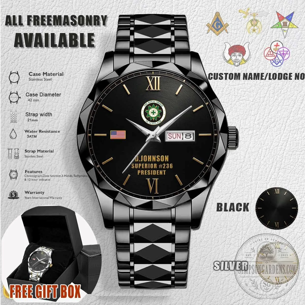 Royal Order of Scotland Freemasonry Stainless Steel Custom Engraved Watch 5 Royal Order of Scotland Freemasonry Stainless Steel Custom Engraved Watch