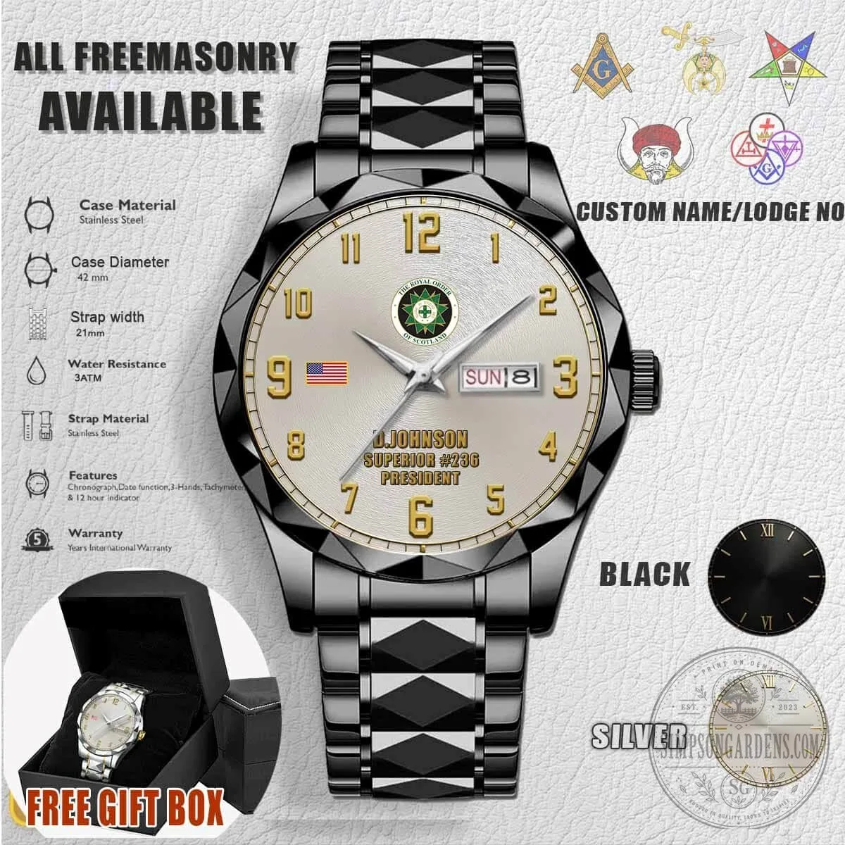 Royal Order of Scotland Freemasonry Stainless Steel Custom Engraved Watch 6 Royal Order of Scotland Freemasonry Stainless Steel Custom Engraved Watch
