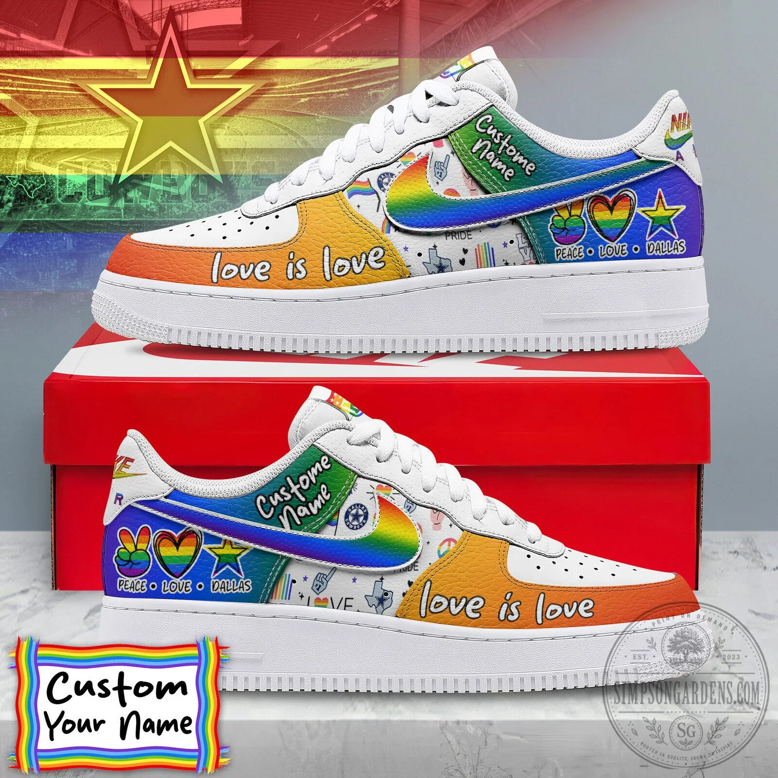Dallas Cowboys Rainbow Pride Custom Name Air Force 1 Style Shoes