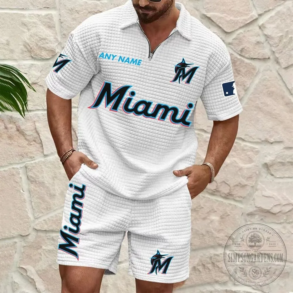 Miami Marlins Personalized Name Waffle Knit Polo Shirt and Shorts Set