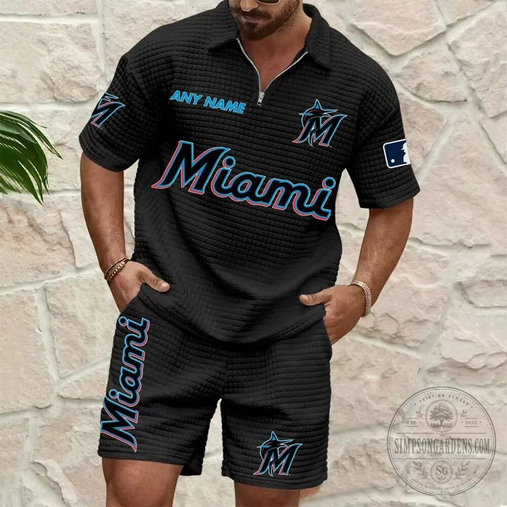 Miami Marlins Personalized Name Waffle Knit Polo Shirt and Shorts Set 10 Miami Marlins Personalized Name Waffle Knit Polo Shirt and Shorts Set