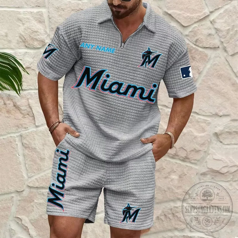 Miami Marlins Personalized Name Waffle Knit Polo Shirt and Shorts Set 11 Miami Marlins Personalized Name Waffle Knit Polo Shirt and Shorts Set
