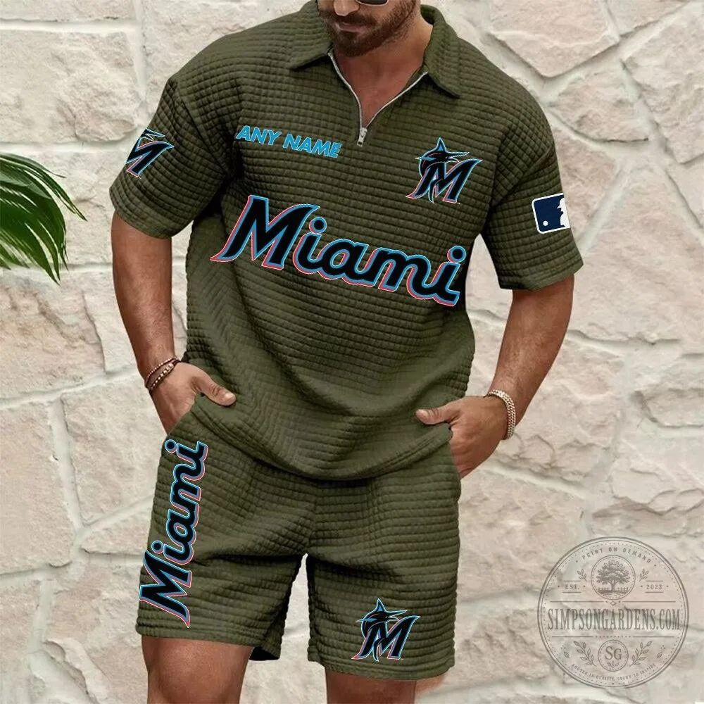 Miami Marlins Personalized Name Waffle Knit Polo Shirt and Shorts Set 12 Miami Marlins Personalized Name Waffle Knit Polo Shirt and Shorts Set