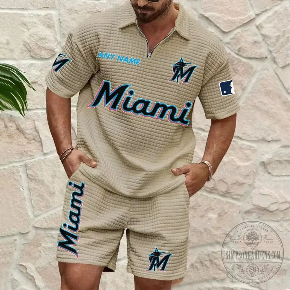 Miami Marlins Personalized Name Waffle Knit Polo Shirt and Shorts Set 13 Miami Marlins Personalized Name Waffle Knit Polo Shirt and Shorts Set