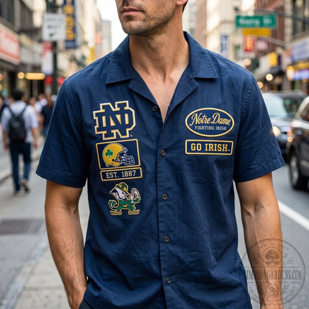 Notre Dame Fighting Irish College Football Team Logo Navy Blue Hawaiian Shirt Notre Dame Fighting Irish College Football Team Logo Navy Blue Hawaiian Shirt