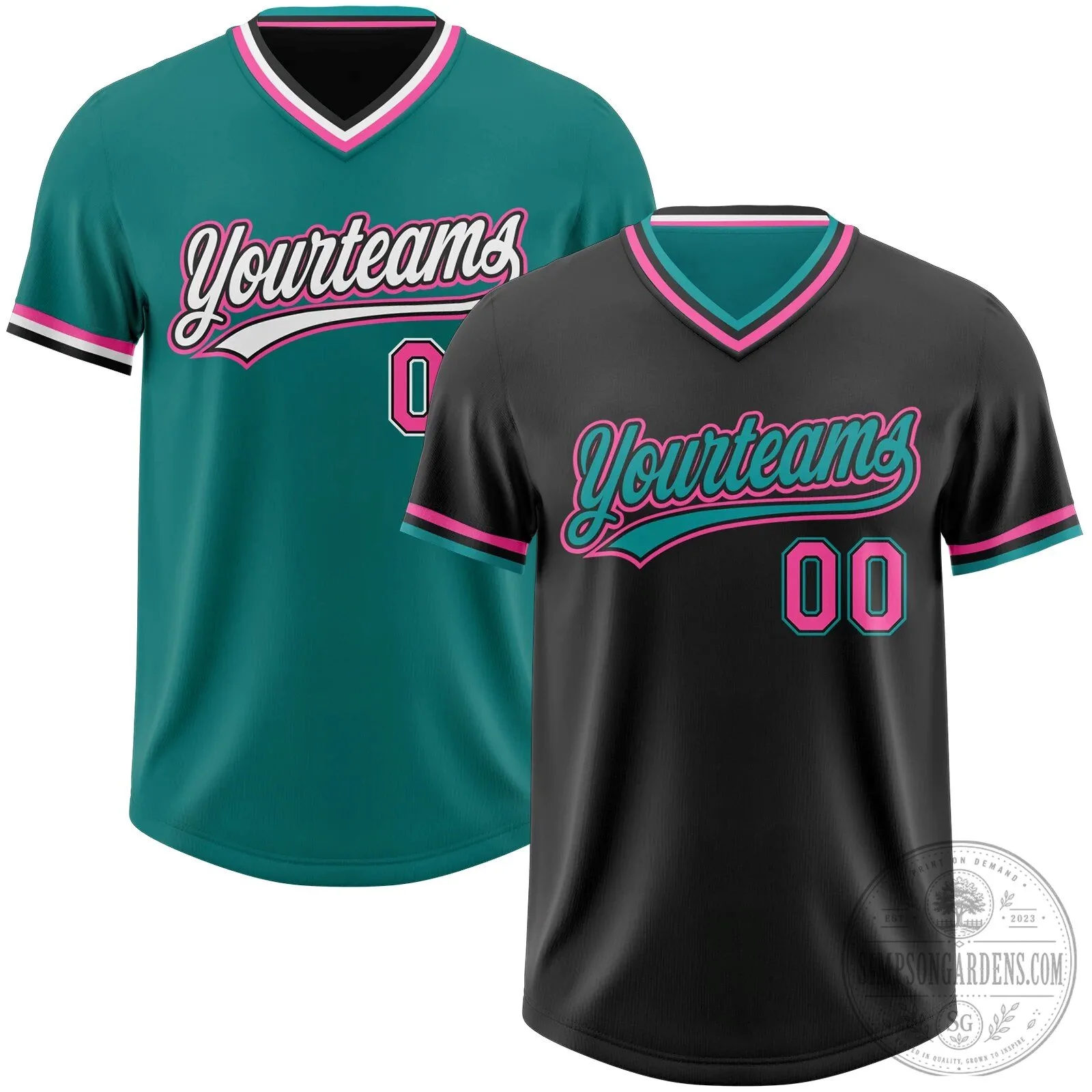 Custom Black Teal Pink Reversible V-Neck Baseball Jersey Shirt 2 Custom Black Teal Pink Reversible V-Neck Baseball Jersey Shirt