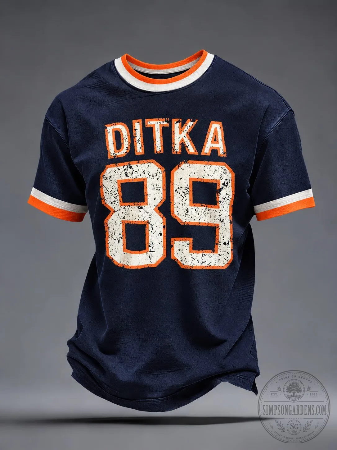 Chicago Bears Distressed Football T-Shirt featuring Number 89 and Mike Ditka