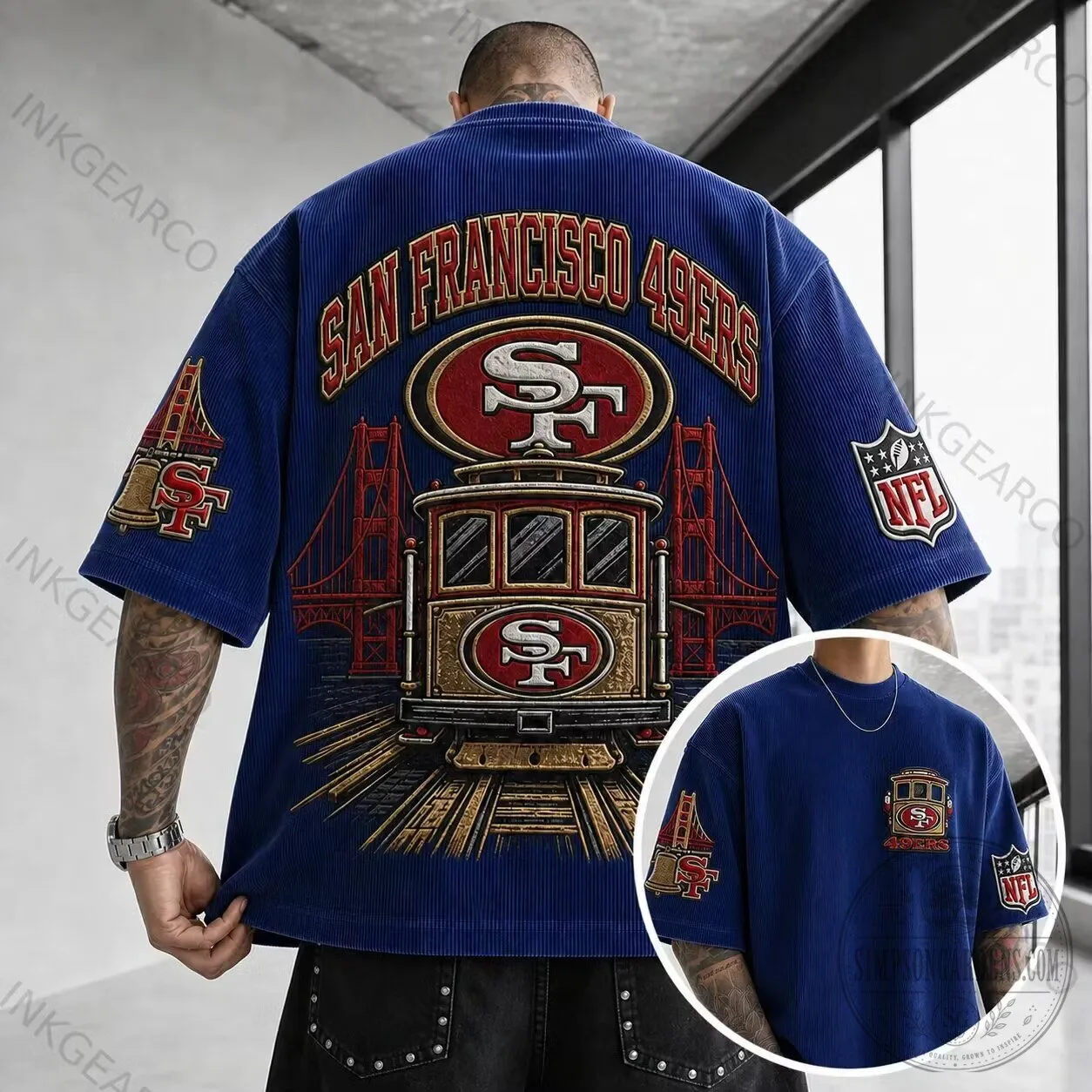 San Francisco 49ers Golden Gate Bridge Cable Car NFL Football T-Shirt