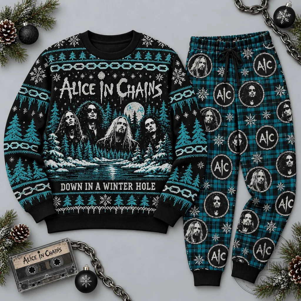 Alice in Chains Down in a Winter Hole Ugly Christmas Sweater and Jogger Pajamas Set Alice in Chains Down in a Winter Hole Ugly Christmas Sweater and Jogger Pajamas Set