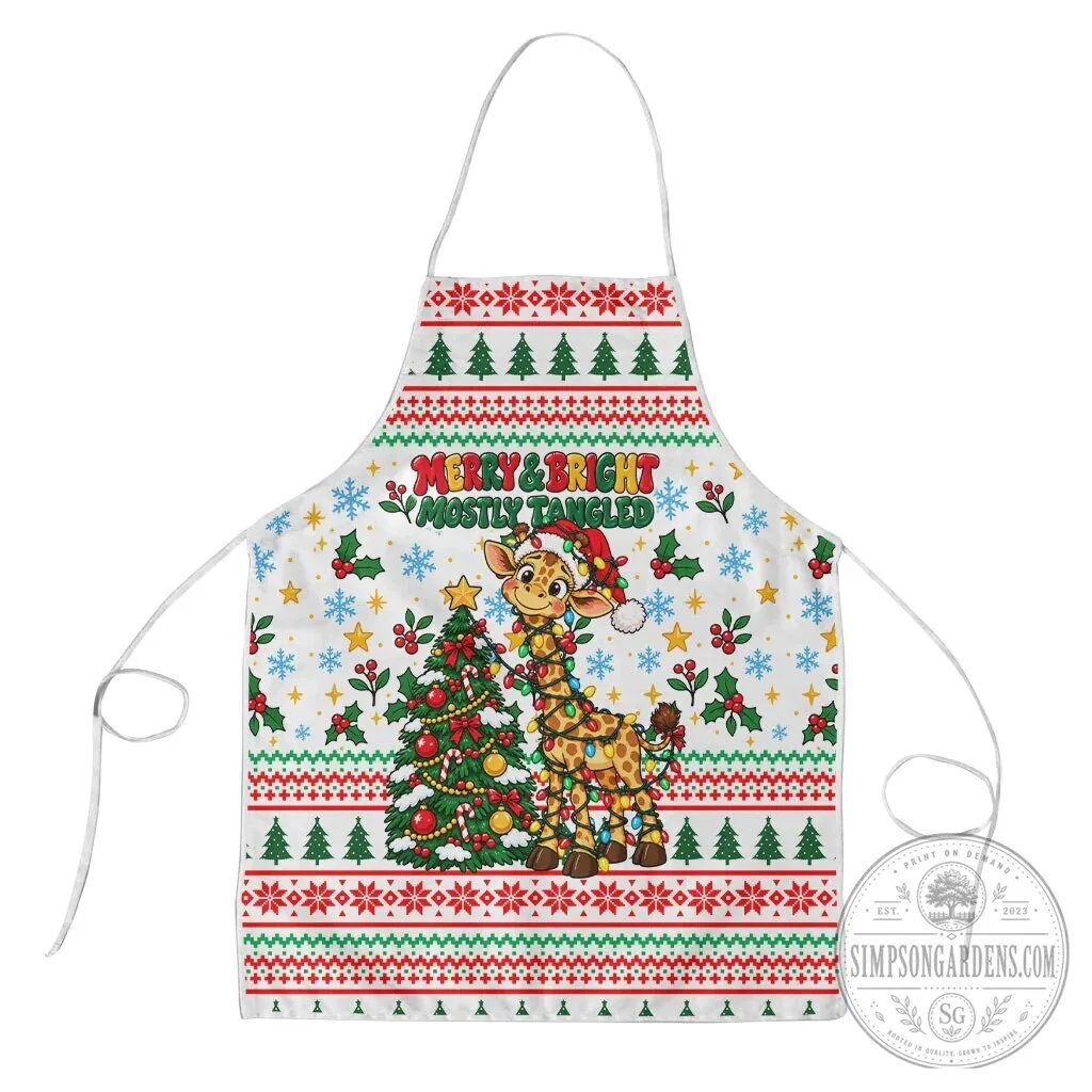 Merry and Bright Mostly Tangled Christmas Giraffe Holiday Apron