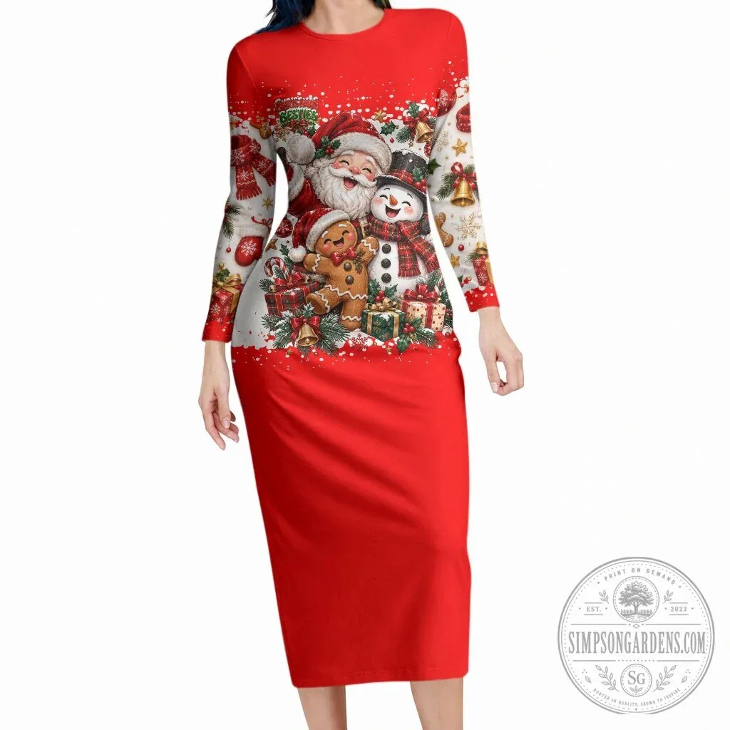 Christmas Santa Claus Snowman Gingerbread Man Festive Holiday Long Sleeve Dress