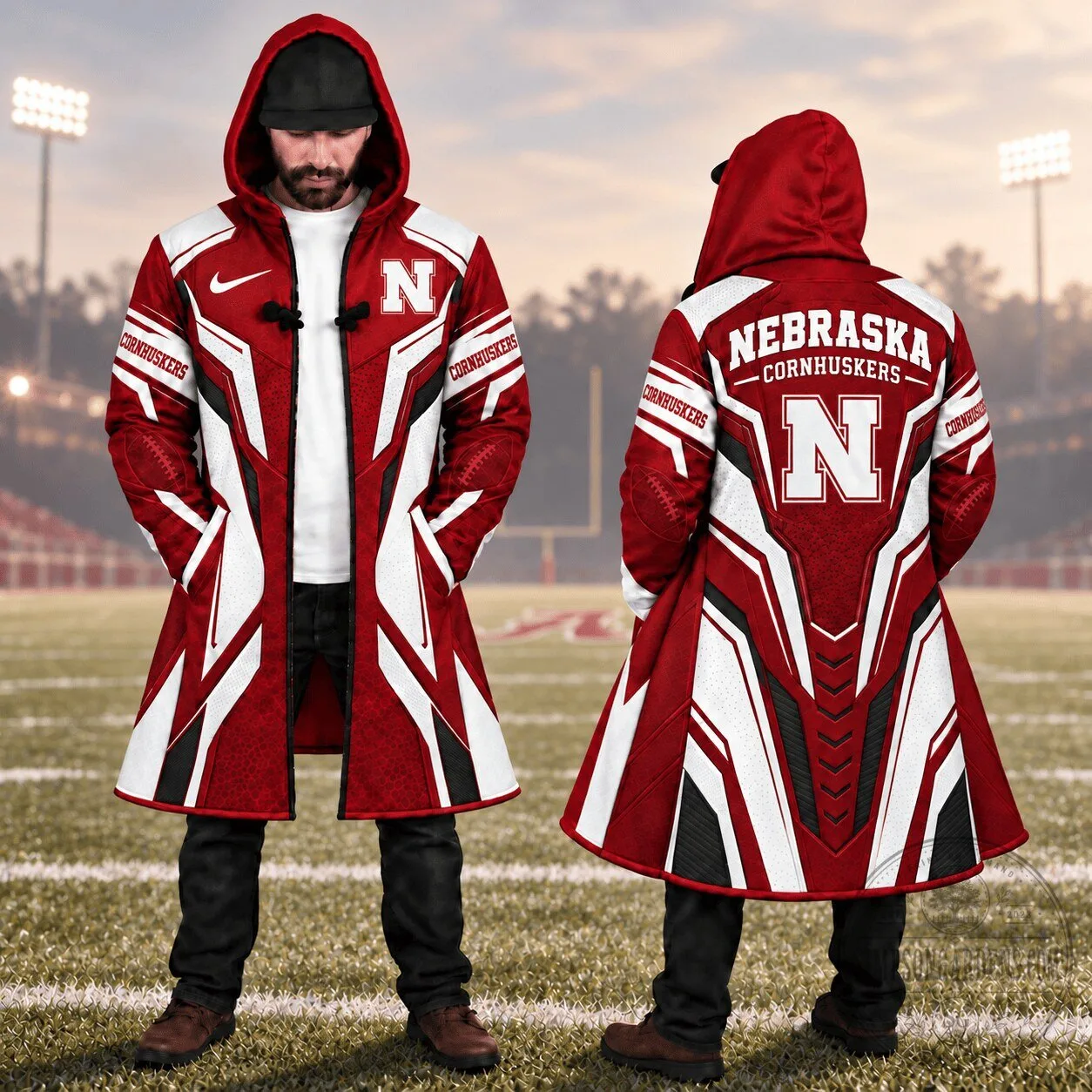 Nebraska Cornhuskers Red White Black Football Fan Long Cloak Jacket