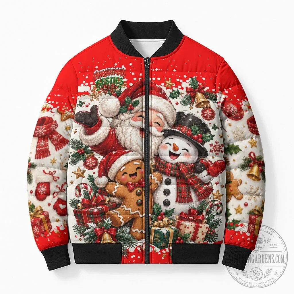 Christmas Besties Santa Snowman Gingerbread Festive Holiday Bomber Jacket