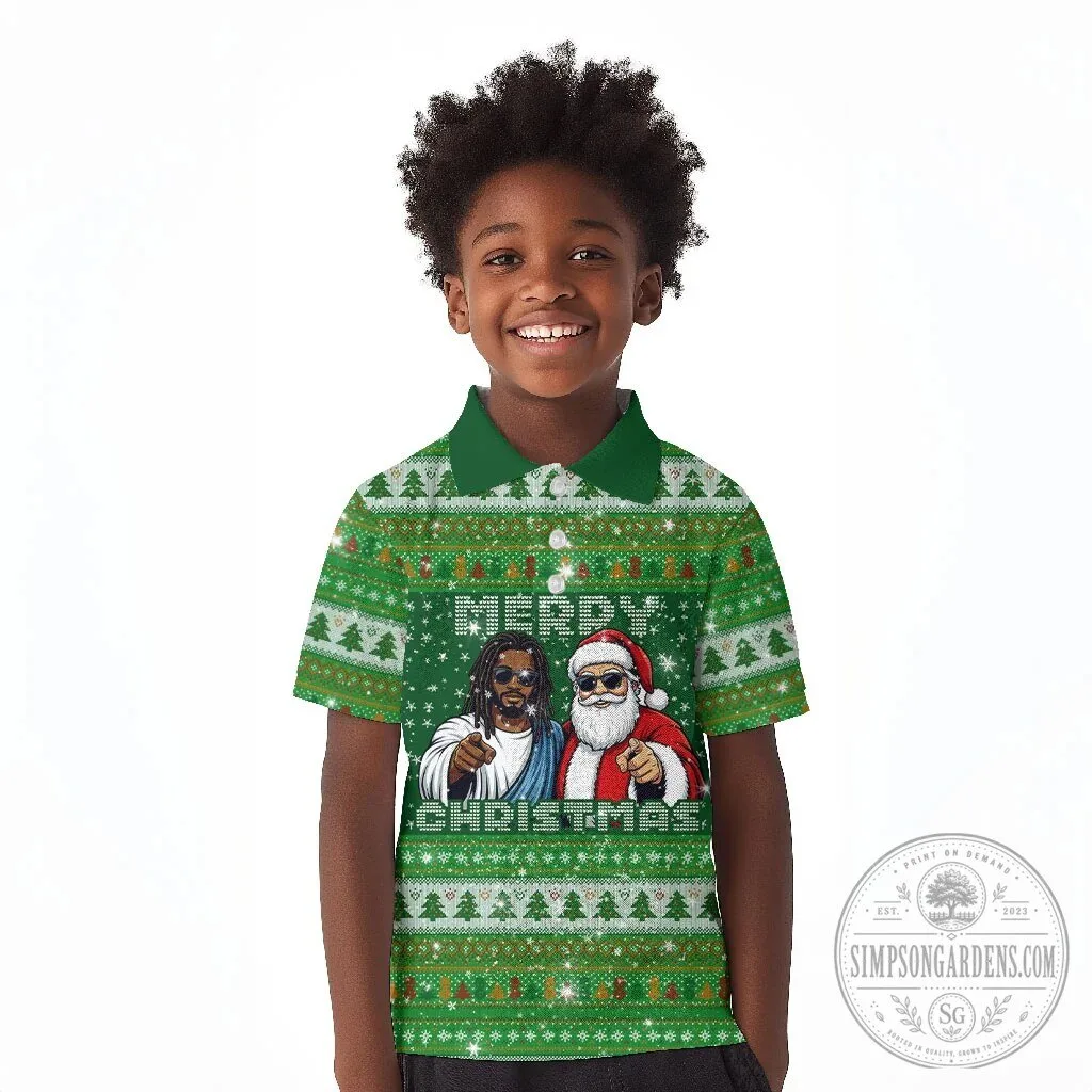 Merry Christmas Jesus and Santa Claus Ugly Christmas Sweater Kids Polo Shirt