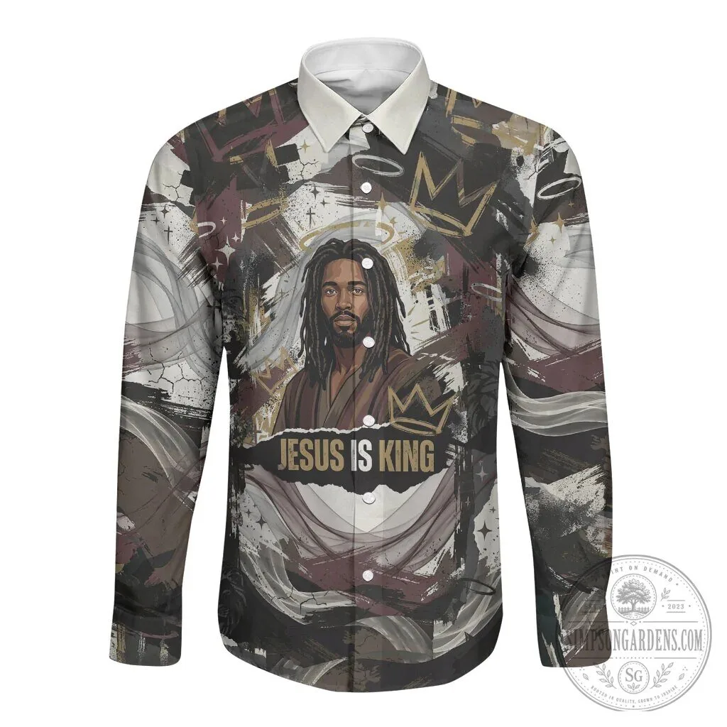 Jesus Is King Lion of Judah Crown Religious Faith Long Sleeve Button Shirt