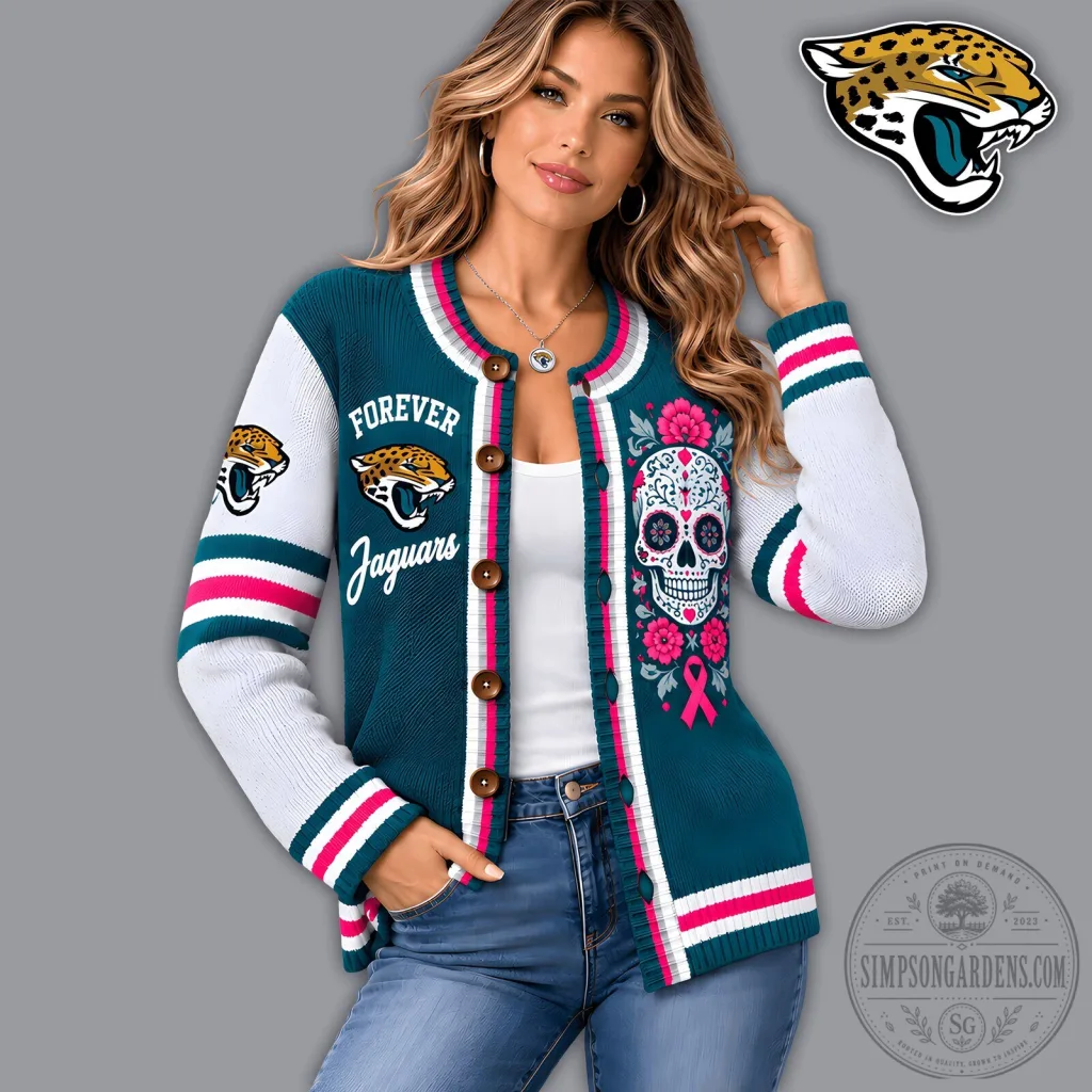 Jacksonville Jaguars Floral Skull Breast Cancer Awareness Knit Cardigan Jacksonville Jaguars Floral Skull Breast Cancer Awareness Knit Cardigan