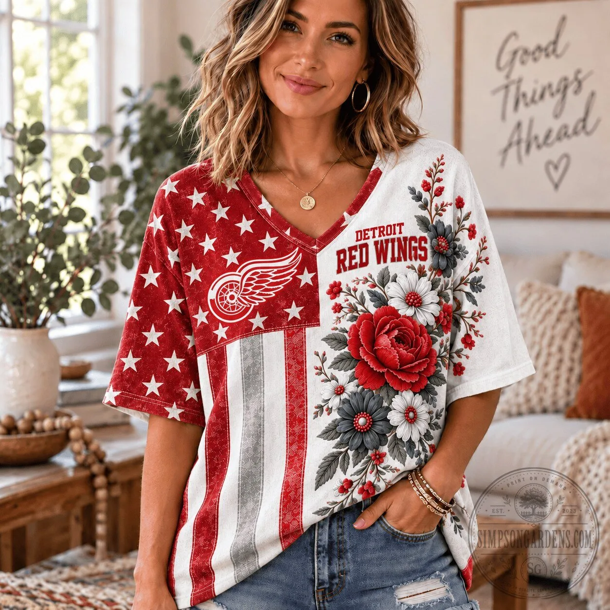 Detroit Red Wings NHL Fan Shirt, Patriotic V-Neck T-Shirt for Women
