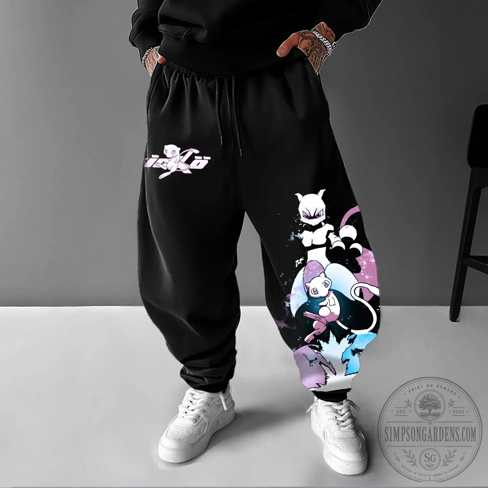 Pokemon Mewtwo and Mew Anime Graphic Black Jogger Pants